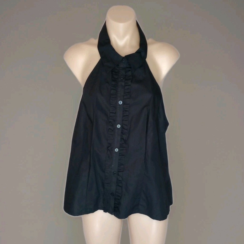 Ruffled Halter Top Womens Size 20 Black Button up open Back Cotton Blouse BNWT