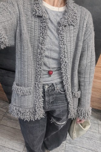 Valley of the Awakening Crafts Gray Wool Chunky-Knit Fringe Cardigan Sweater M