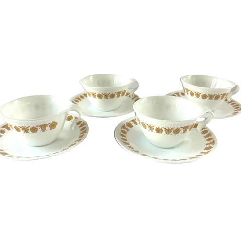 Vintage Corelle Butterfly Gold Coffee Cups Tea & Saucers Set of 4 Hook Handle