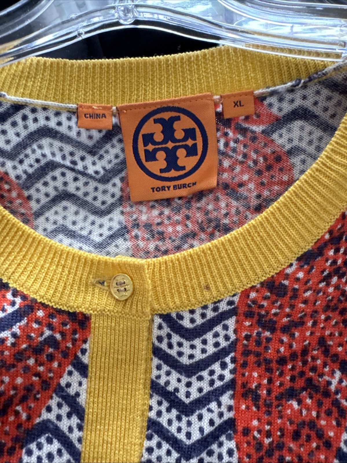 Tory Burch Merino Wool Blue Yellow Paisley Cardigan Women's XL Gold Buttons thumbnail 9