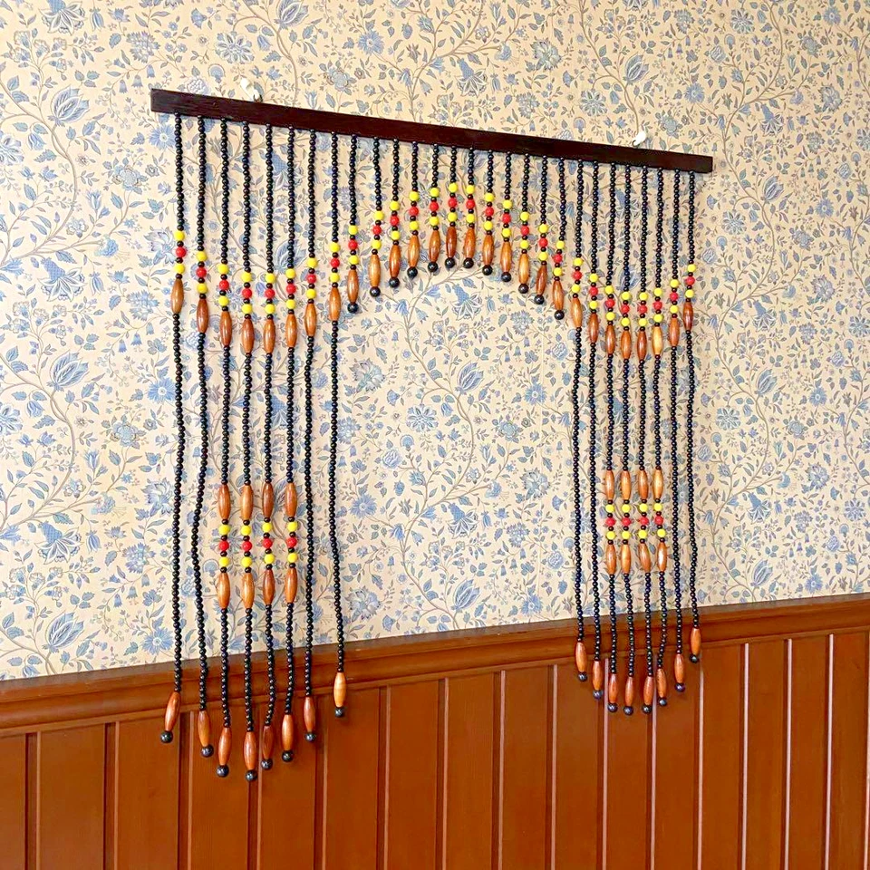 Vintage Showa Retro Beaded Noren Curtain Black with Red Yellow Lines Japan - Image 2 of 4