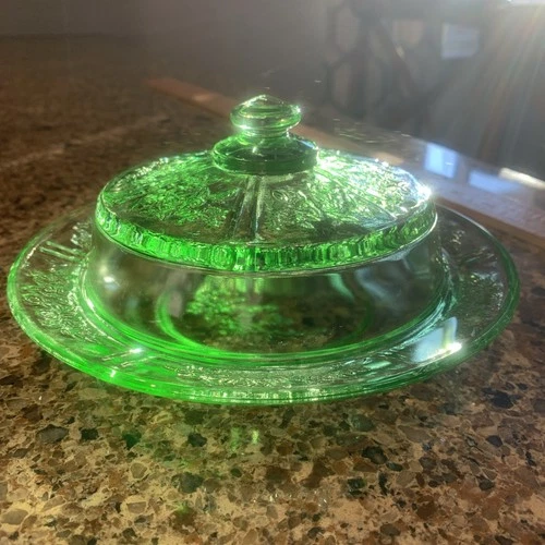 Green Depression Glass Round Butter Dish Sharon Cabbage Rose