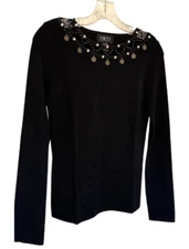 Finity BEADED TOP Cut-Out Neckline Rhinestone Coins BOHO Casual Lightweight Knit