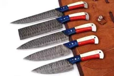 Professional Handmade Texas Flag Damascus kitchen knife set with Leather Roll