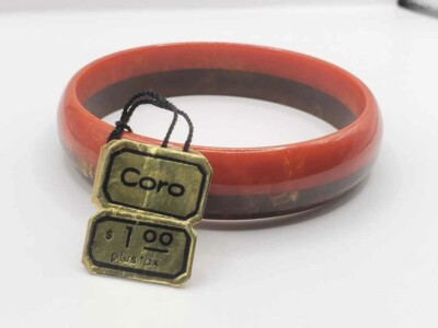 Rare 1940s CORO New Old Stock Two-Tone Bakelite Bangle  Brown/Red Swirl- W/ Tag!