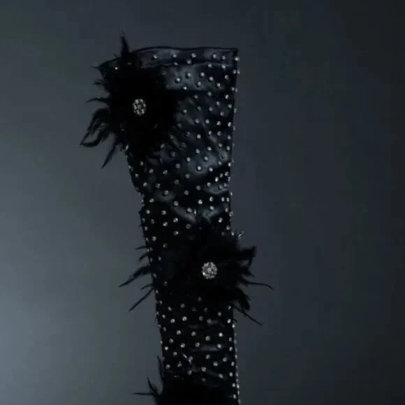 AZALEA WANG " TOP TIER " Size 11: BLACK or FUCHSIA SATIN FEATHER FLOWER BOOTS - Image 4 of 4