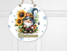 Cute Gnome With Sunflowers Round Welcome Door Hanger Sign Handmade