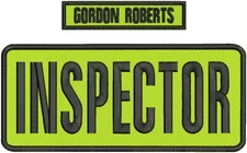 INSPECTOR EMB PATCH 4X10 AND 1x5 sew on ON BACK  BLK on lime green