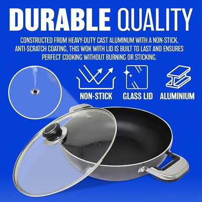 NICHT HAFTENDES ALUMINIUM WOK SET 28 CM TOPF BRATEN RÜHREN PFANNE CHINESISCHE KOCHEN ASIATISCH