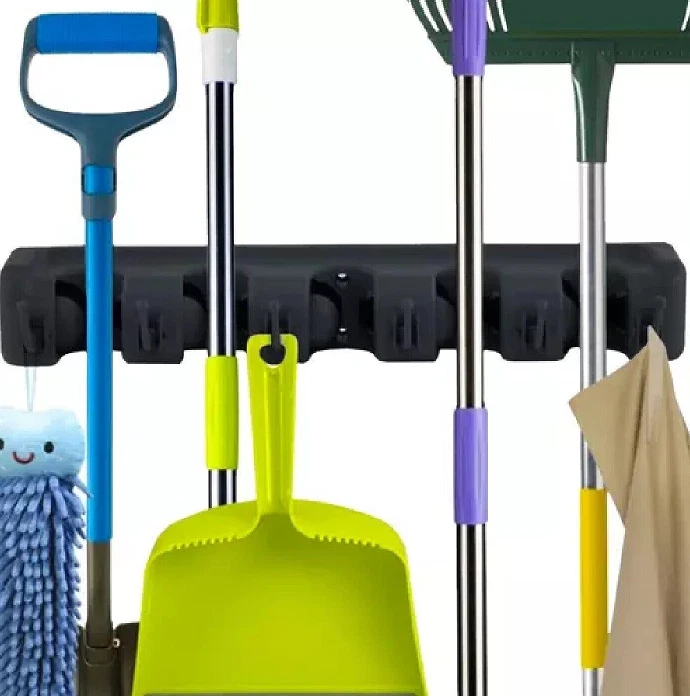 Organizer Da Parete Per Scope E Mop: 3 Ripiani + 4 Ganci, Adesivo O Viti, In Acciaio Inox, Per Cucina E Garage