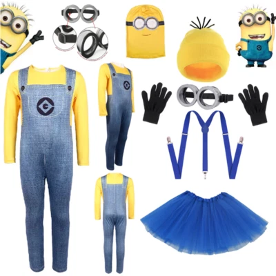 Costume Minions Cosplay Halloween Adulti Bambini Vestito Fantasia Beanie Guanto Occhiali