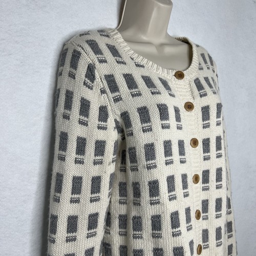 Sundance Button Up Cardigan Grey Cream Medium Block Print Cashmere Blend - Picture 4 of 7
