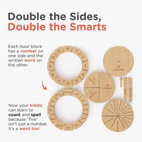 Tomaze Montessori Wooden Toy Clock - Kids' Educational Kit to Teach Time, Fra... - Picture 3 of 10