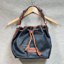 Dooney Bourke Vintage All Weather Leather Bucket Bag Black Tan Drawstring GUC