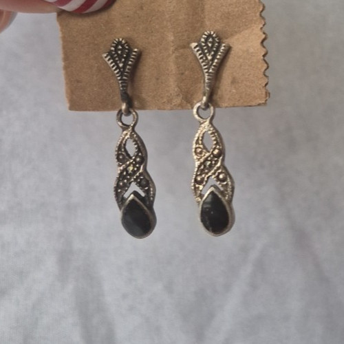 Vintage Earrings Sterling Silver and Onyx Marcasite Drops 1" Filagree Teardrops