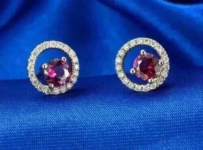 14K Rose Gold Finish Red Ruby Lab Created Diamond Open Circle Halo Stud Earring