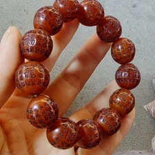 18mm Amber Honey Wax Fu Character Buddhist Bracelet Hundred Blessings Beads