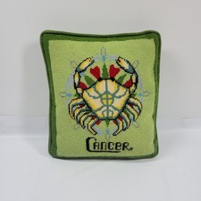 VTG Zodiac Needlepoint Accent Pillow Cancer Astrological Green MCM