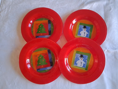 Dibbern Red Fused Chistmas Plates 8'' Snowman~Christmas Tree Set of Four Germany