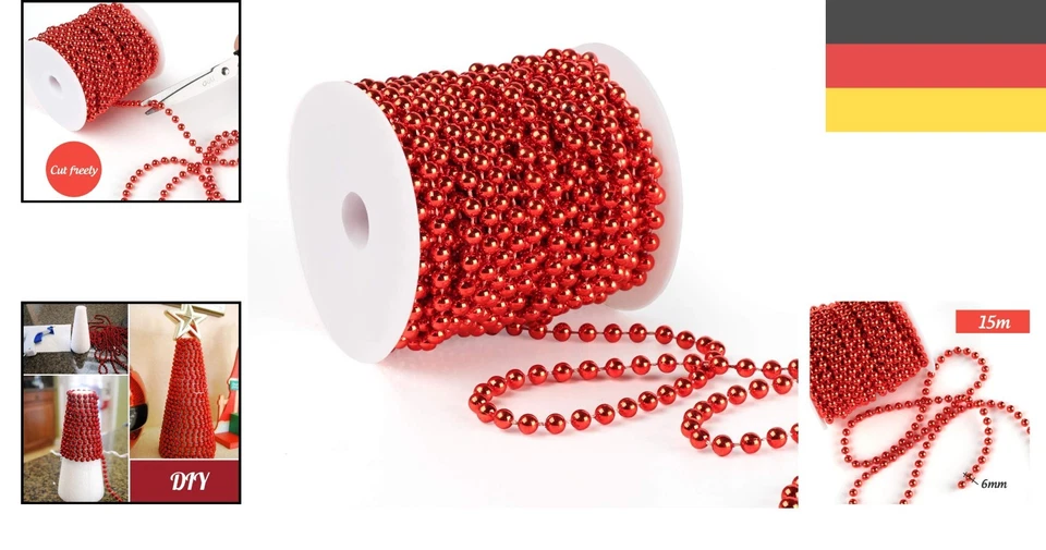 Perlenkette, Christbaumkette, Dekoperlen, 15m, rot, Weihnachtsdeko, Hochzeit - Bild 2 von 4
