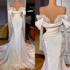 Elegant Mermaid Wedding Dresses Lace Matte Satin Pleats Ruching Deep V-Neck Gown