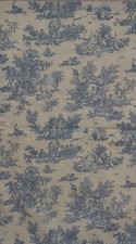 COUPON TISSU  MOTIFS TOILE DE JOUY  BLEU FOND ECRU COTON PATCHWORK