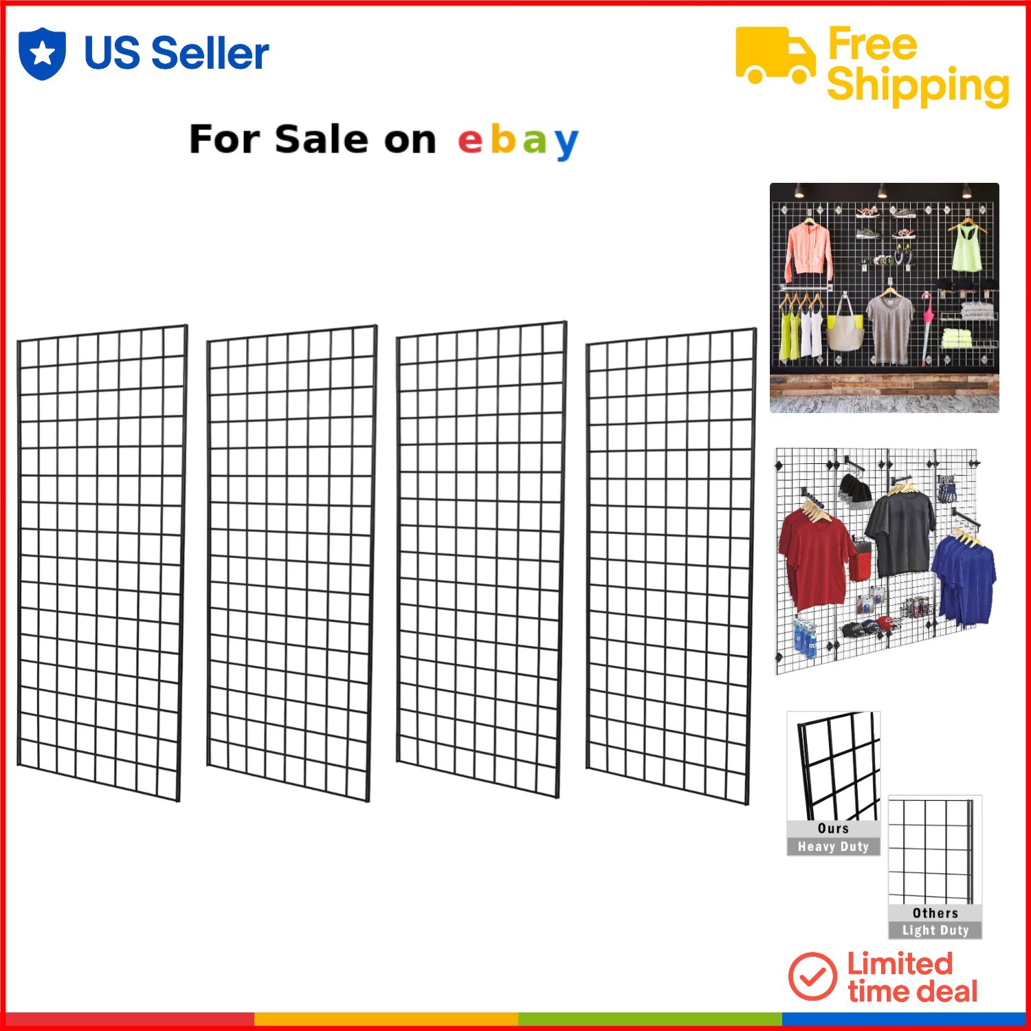 Heavy Duty Black 2x4 Grid Wall Panels Pack of 4 for Retail Display or Garage