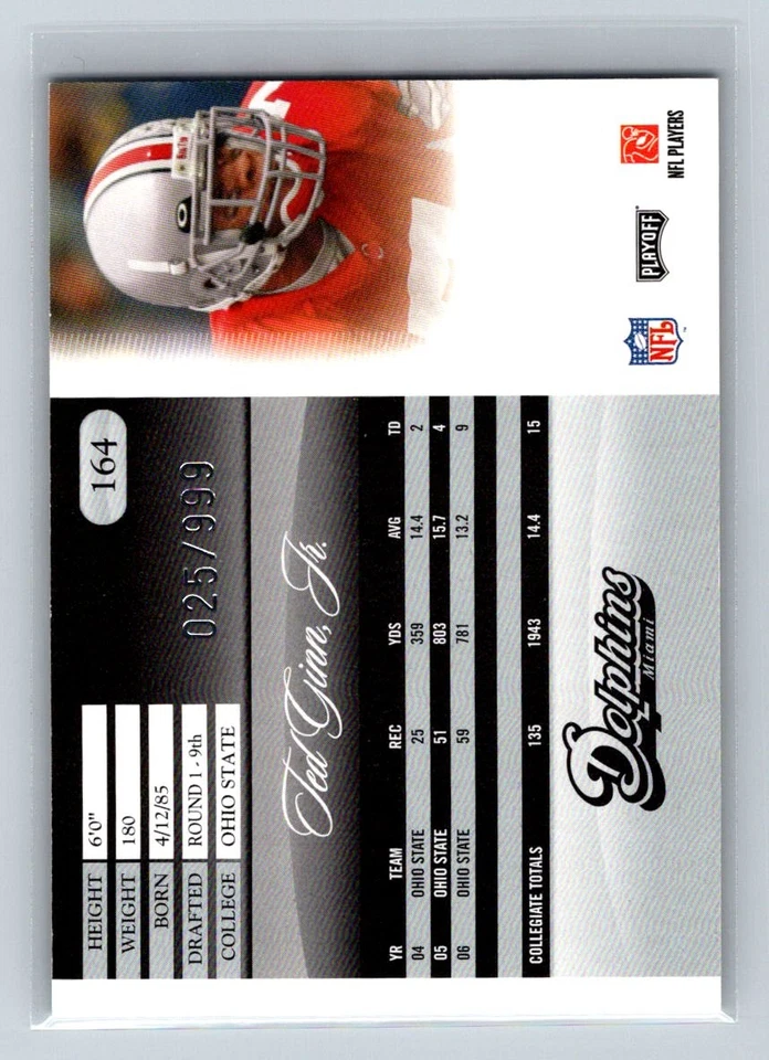 2007 Playoff Prestige #164 Ted Ginn Jr. Draft Picks Light Blue #/999 C28 - Image 2 of 2