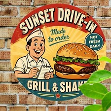 Burger Diner Menu Poster Round Metal Tin Sign Kitchen Wall Decor 8x8