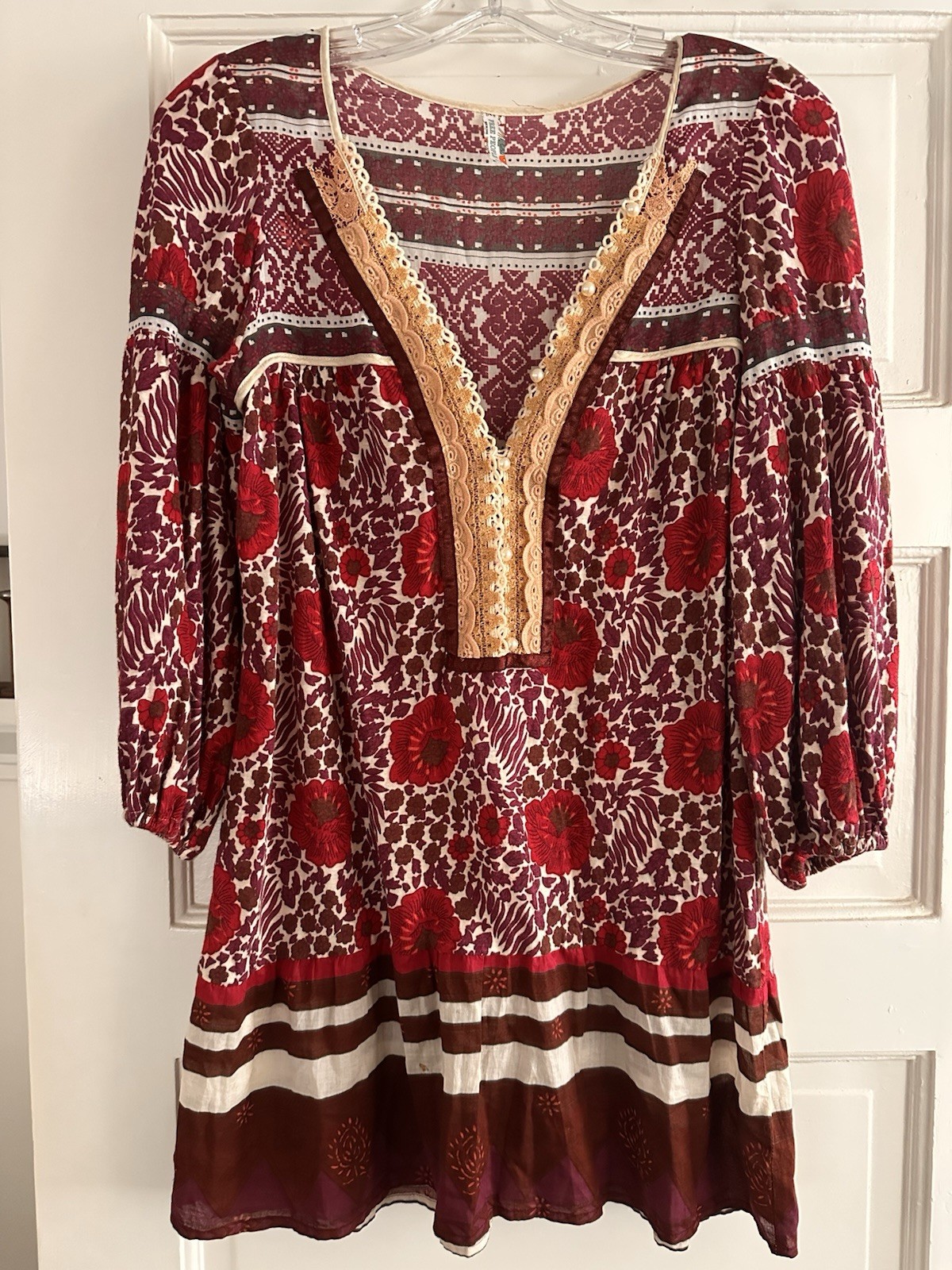 Free People Burgundy Cotton Floral Lace Trim Short Dress Women’s Size S NWOT