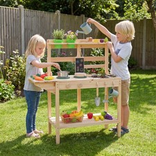 Kids Play Kitchen Set Wooden Kitchen Playset w/ Stoves Sink Rotation Natural