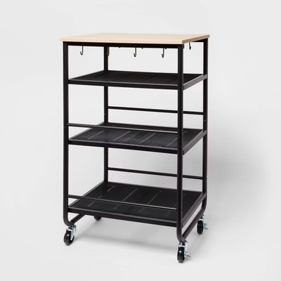 Brightroom Plastic Steel Wood 3 Shelves Hooks Storage Black Rolling Narrow