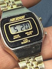 Vintage Nelsonic LCD Quartz Digital Watch Gold Tone Bracelet Hong Kong Working