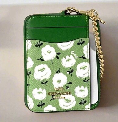 Coach CBL79 Floral Zip Card Case Kelly Green Canvas ID Wallet