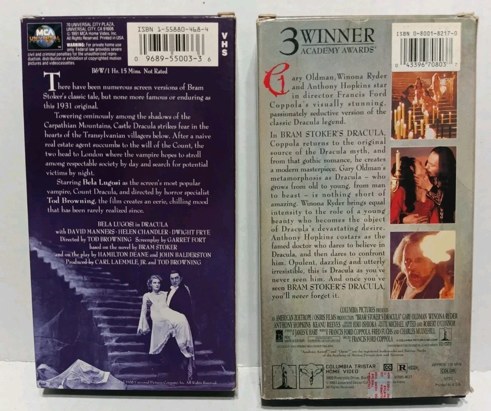 Dracula VHS Cassette Lot Of 2: Universal 1931 Lugosi & 1993 Coppola Oldman Foto 2 de 4