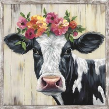 Black and White Cow Wood Wall Art: Country Framed Artwork Rustic Cow Painting...