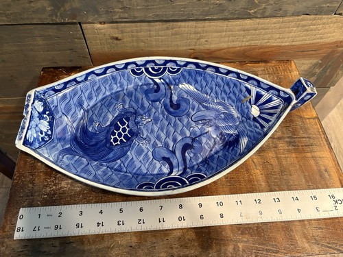 Antique Japanese Repaired Plate Warmer Boat Shape, Blue And White Ceramic Tray - Picture 4 of 24