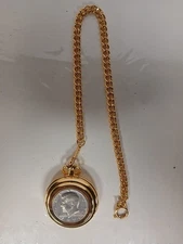 Gold Chain Tone Colibri Half Dollar JFK Flip Cover Quartz Pocket Watch Works