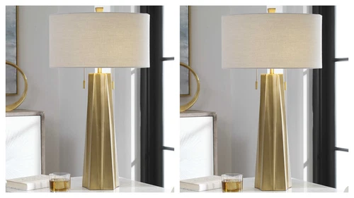 TWO MARIS MODERN 31" AGED BRASS SHAPED STEEL TABLE LAMP UTTERMOST 27548 - Picture 1 of 4