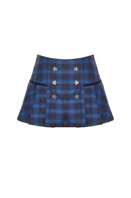 Dark In Love Women Indigo Gothic Gold Star Double-Breasted Plaid Slim Mini Skirt