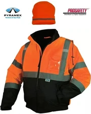 HIGH VISIBILITY WATERPROOF INSULATED REFLECTIVE ROAD WORK BOMBER JACKET & HAT