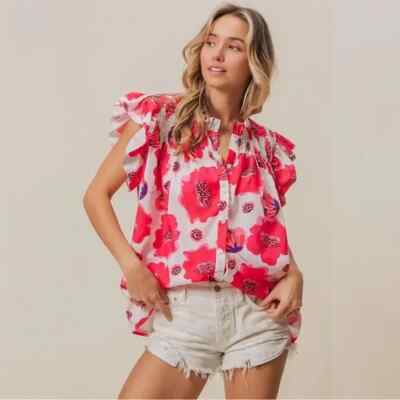 BiBi Floral Print Flutter Button Up Top Large