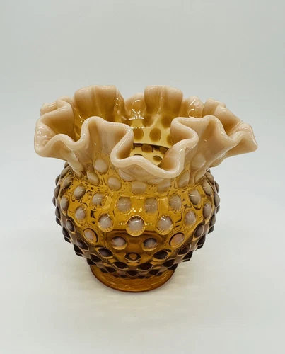 VTG Fenton Amber Opalescent Knob-Nail 4” Ruffled Vase Root beer
