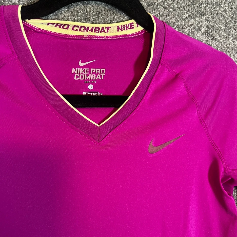 Camisa de combate Nike Pro para mujer pequeña rosa ajustada manga larga cuello en V elástica Foto 4 de 4