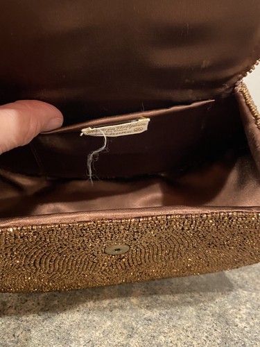 Copper Hand Beaded Vintage Walborg Box Purse Made In Belgium Silk Lined NICE - Picture 10 of 11