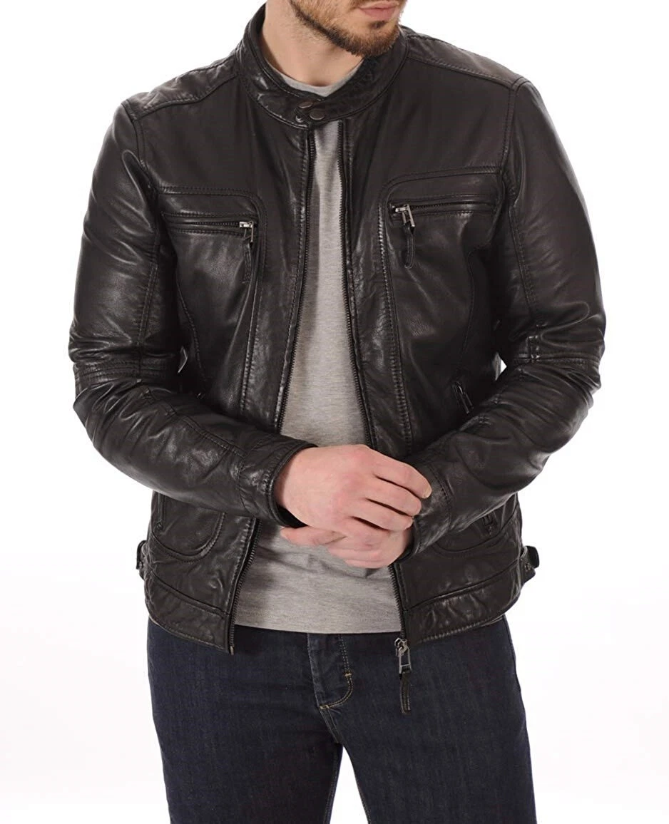 Men's Racer Café Leather Jacket Lambskin Motorcycle Black Genuine Real Mens M L