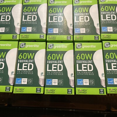 10 New Greenlite Light Bulbs 60w Equivalent LED 9w Dimmable A19 A Type Bulb