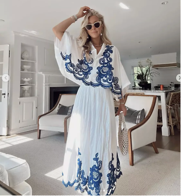 ZARA CONTRAST EMBROIDERED BLOUSE ZW COLLECTION 5107/240 WHITE BLUE