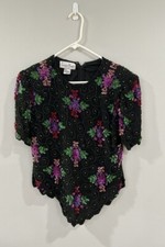 Vintage Laurence Kazar Beaded Floral Silk Blouse Sz MP
