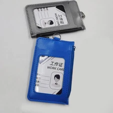 Leather Vertical ID Window Card Slots Badge Holder Zipper Purse w/ Key Chain K